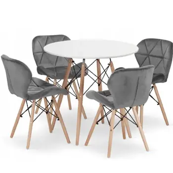 Trpezarijska  garnitura Freja okrugli sto i 4 plišane stolice siva-2