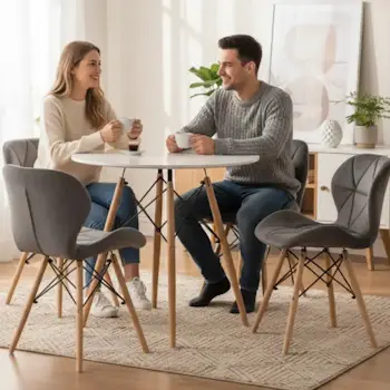 Trpezarijska  garnitura Freja okrugli sto i 4 plišane stolice siva-3