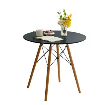 Skandi trpezarijski sto okrugli sa drvenim nogarima 90 cm crni 