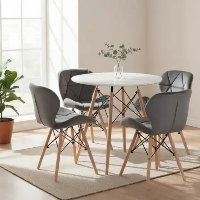 Trpezarijska  garnitura Freja okrugli sto i 4 plišane stolice siva
